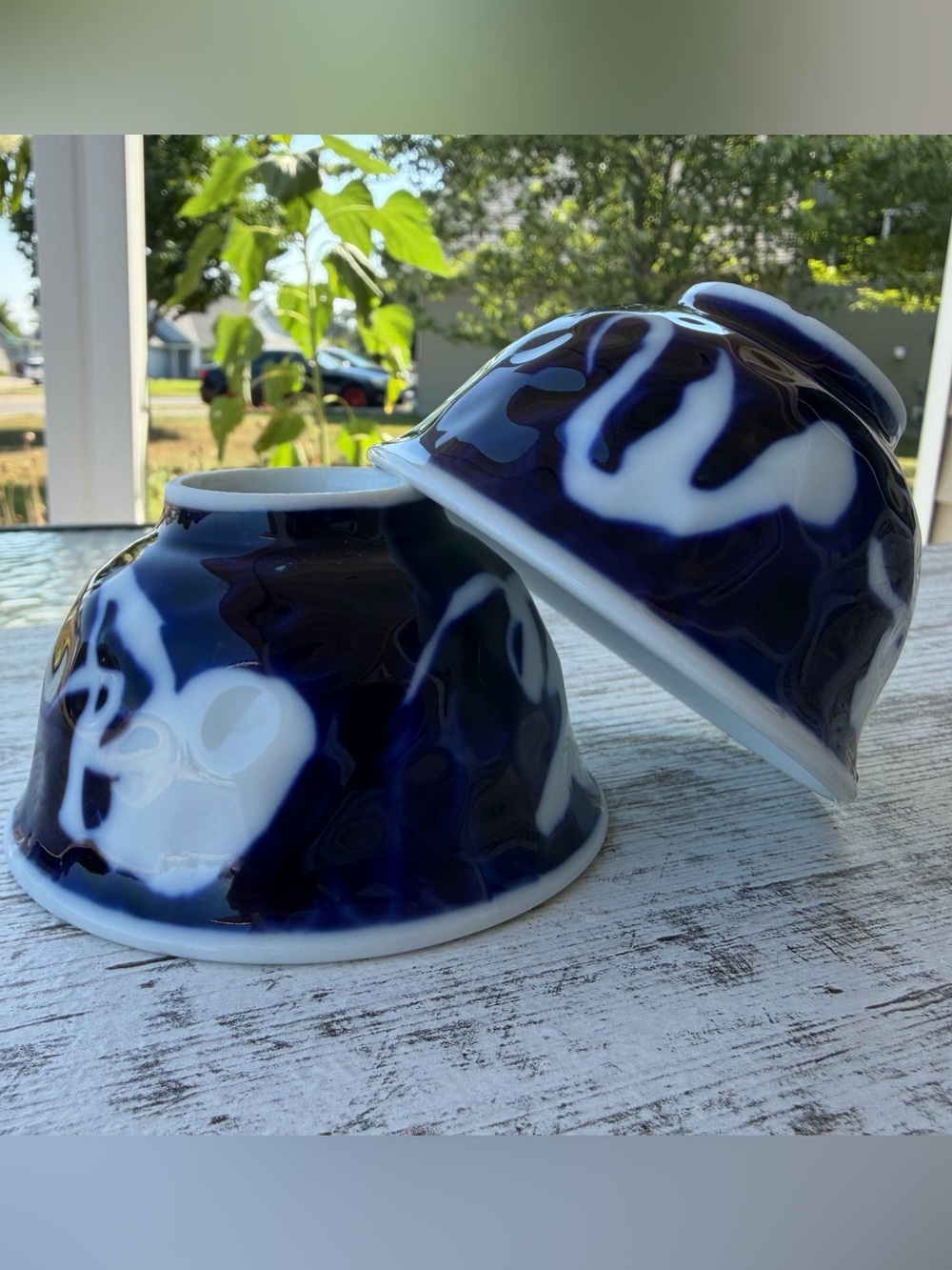 VTG Japanese Blue & White Swirl Porcelain teacup Set of 2